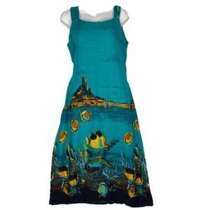 Hawaiian Pace Beach Scene Maxi Dress Adjustable Tie Floral Sky Blue Size Small